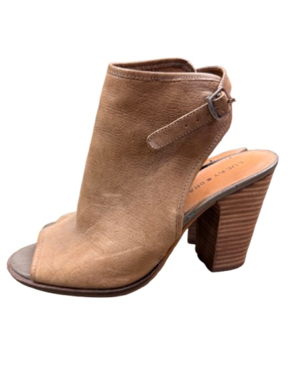 Lucky Brand Lisza Leather Peep Toe Slingback 4” Block Heels 8 Boho Normcore
